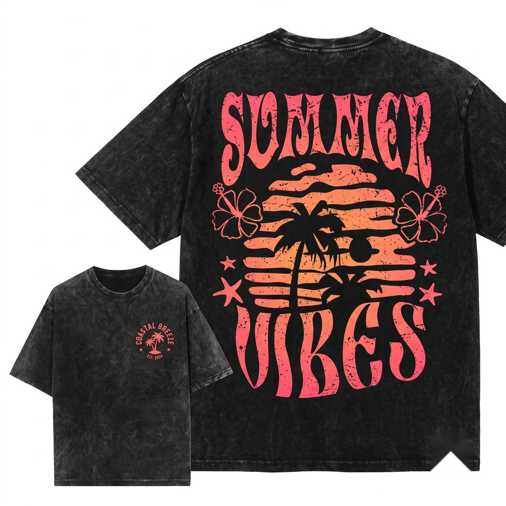 Summer Vibes Beach Fun Palm Tree Tropical Sunshine Unisex Wash T-Shirt