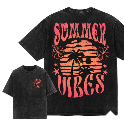 Summer Vibes Beach Fun Palm Tree Tropical Sunshine Unisex Wash T-Shirt