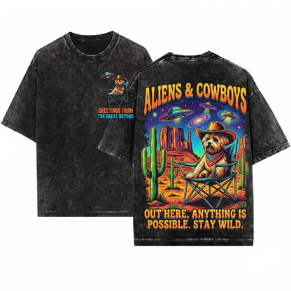 Vintage Alien Cowboy UFO Retro Dog Lover Gift Western Maltese Unisex Wash T-Shirt
