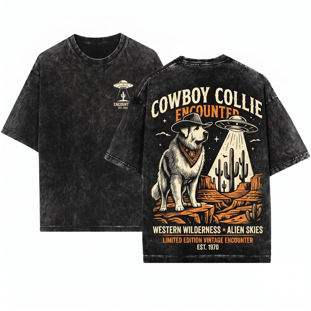 Vintage Great Pyrenees Alien UFO Western Cowboy Retro Space Dog Lovers Gift Unisex Wash T-Shirt
