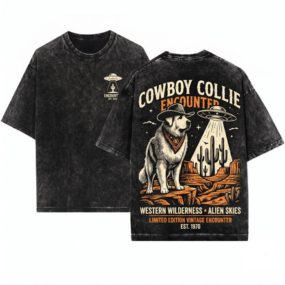 Vintage Great Pyrenees Alien UFO Western Cowboy Retro Space Dog Lovers Gift Unisex Wash T-Shirt