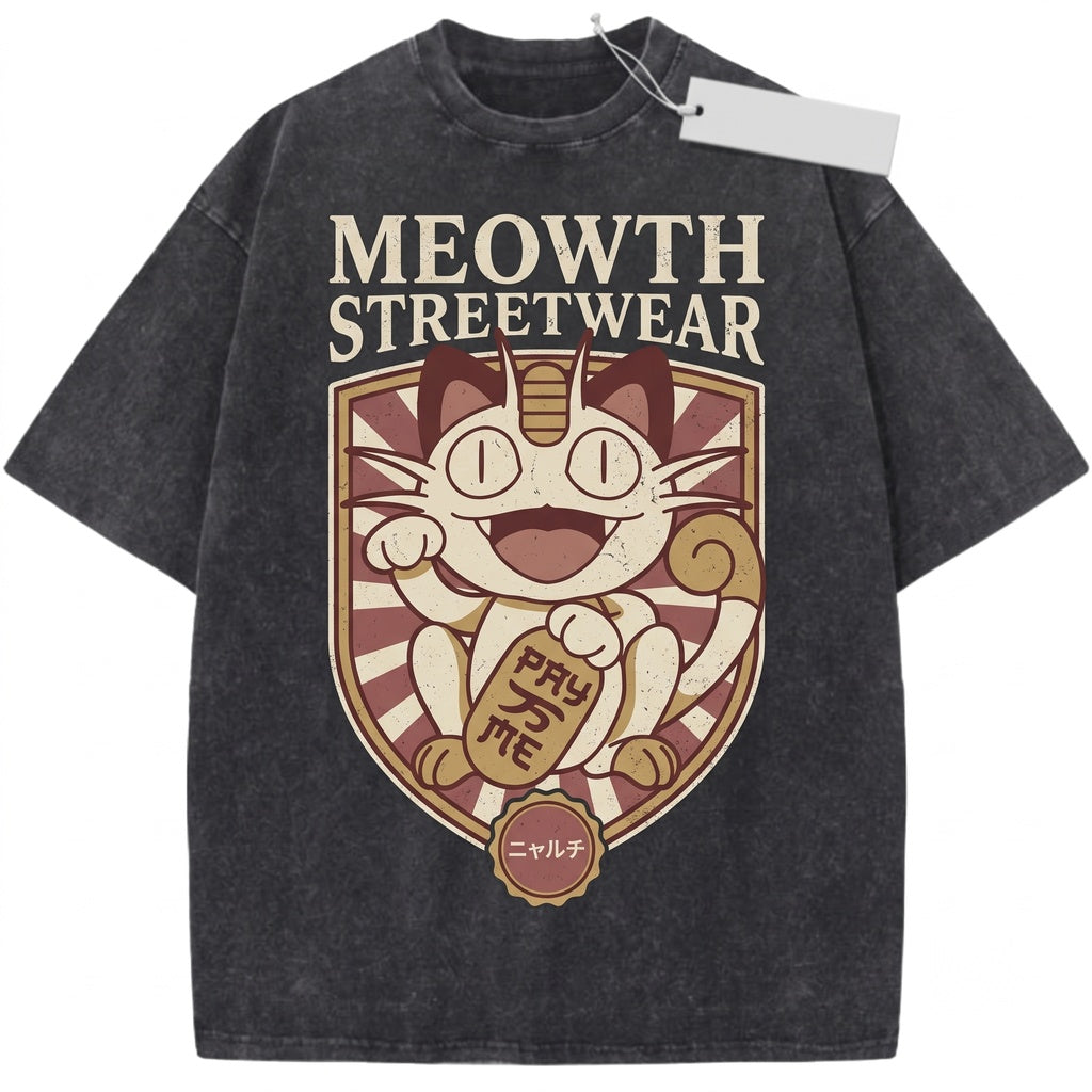 Lucky Cat Meowth Retro Graphic Vintage Japanese Acid Wash Oversized Gamer Gift Unisex TShirt