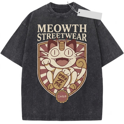 Lucky Cat Meowth Retro Graphic Vintage Japanese Acid Wash Oversized Gamer Gift Unisex TShirt