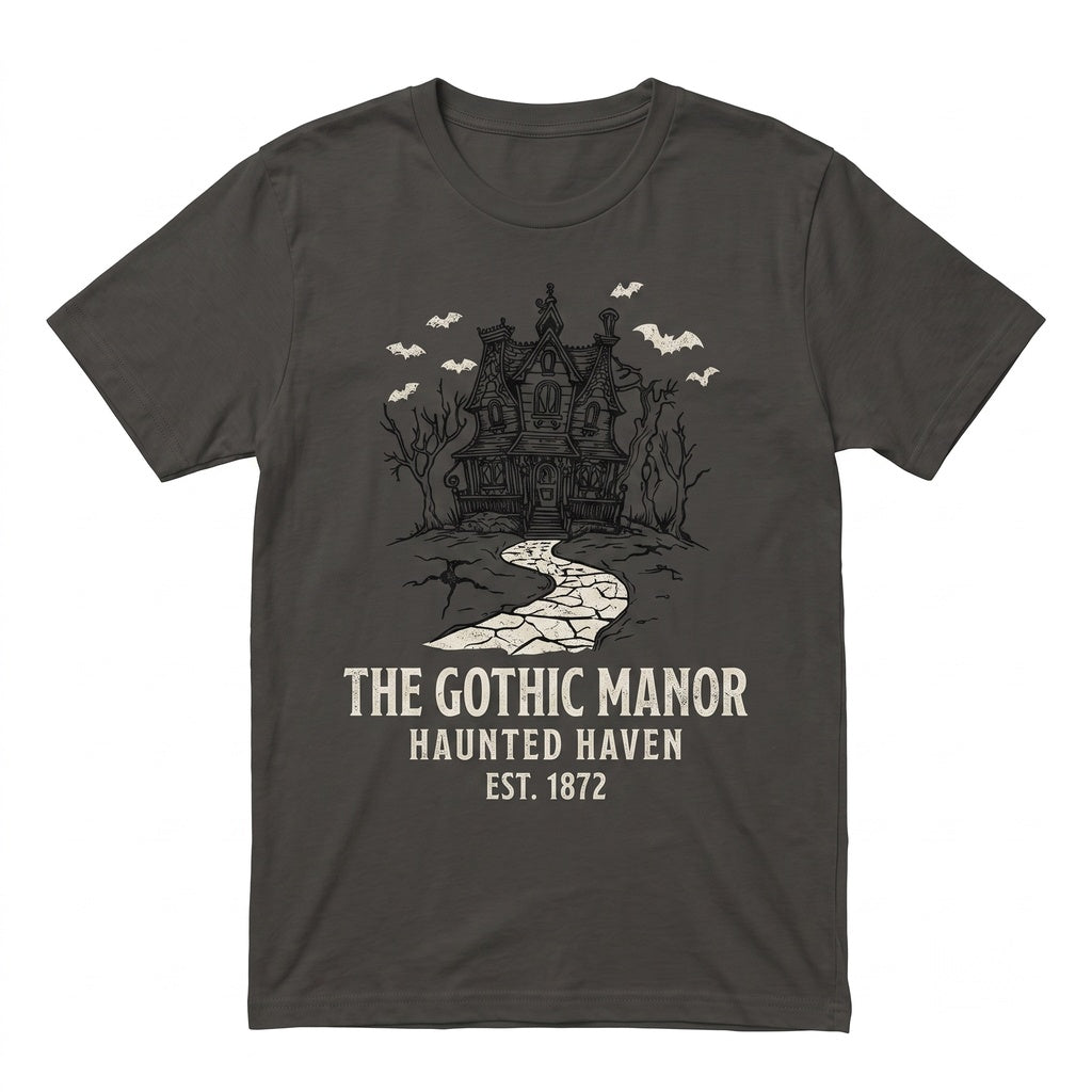 Retro Halloween Haunted House Front and Back Fall Autumn Bats Witches Skeleton Jack-O-Lanterns Unisex TShirt