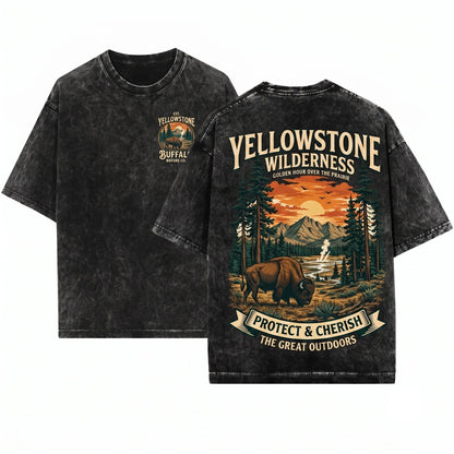 Rustic Buffalo Mountain Sunset Graphic Western Wildlife Top Unisex Wash T-Shirt