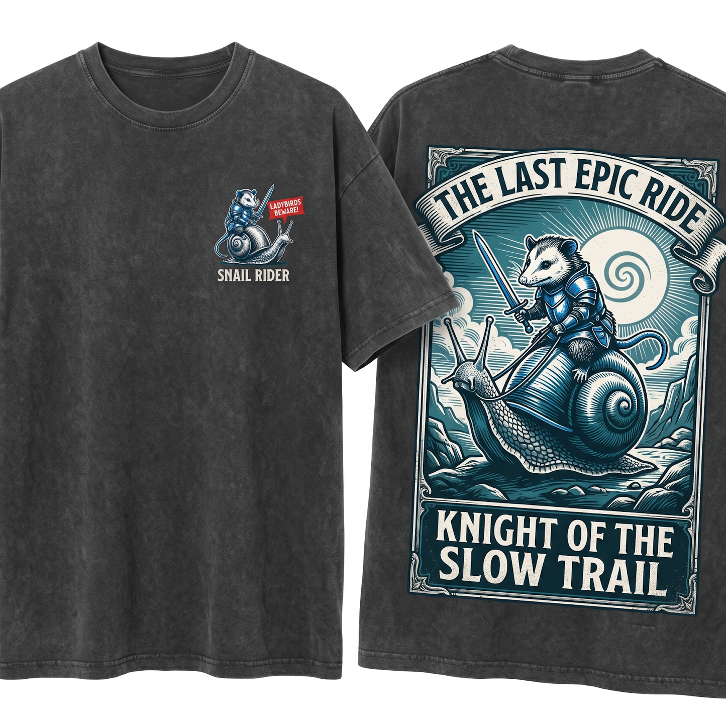Retro Possum Knight Riding Snail Shirt Funny Opossum Meme Grimdark Dark Art Gift Unisex Heavyweight Garment-Dyed T-Shirt
