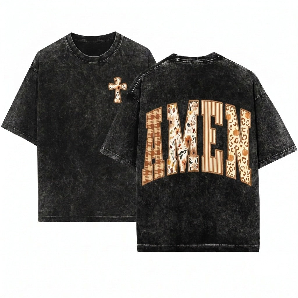 Amen Faux Embroidery Fall Faith Jesus Thanksgiving Vintage Christian Bible Verses Autumn Unisex Wash T-Shirt