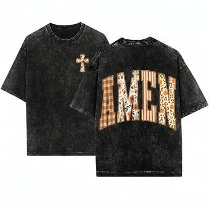 Amen Faux Embroidery Fall Faith Jesus Thanksgiving Vintage Christian Bible Verses Autumn Unisex Wash T-Shirt