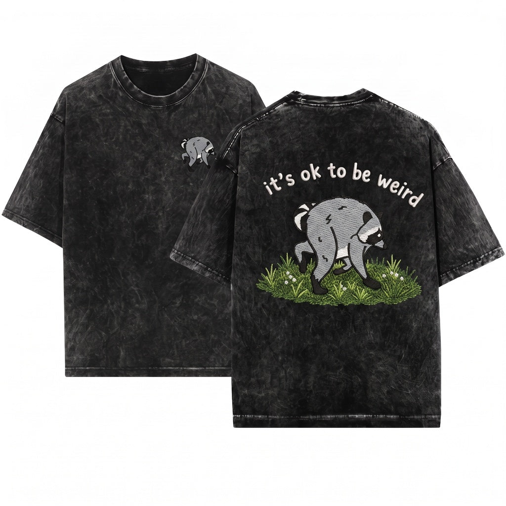 Embroidered Funny Raccoon Trash Panda Quirky Nature Lover Gift Graphic Apparel Unisex Wash T-Shirt