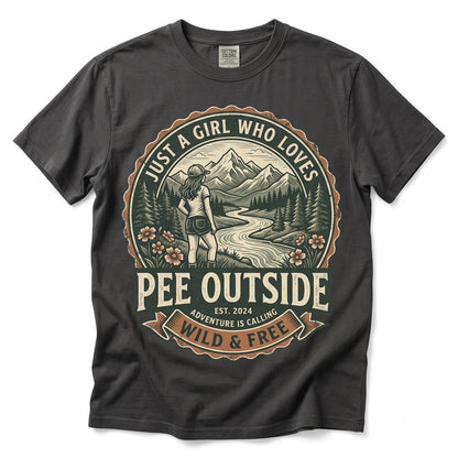 Just A Girl Who Loves To Pee Outside Funny Camping Hiking Adventure Nature Lover Gift Outdoorsy Forest Moon Stars Unisex TShirt