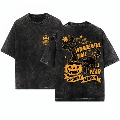 Vintage 90s Spooky Halloween Black Cat Witchy Pumpkin Most Wonderful Time Year Unisex Wash T-Shirt