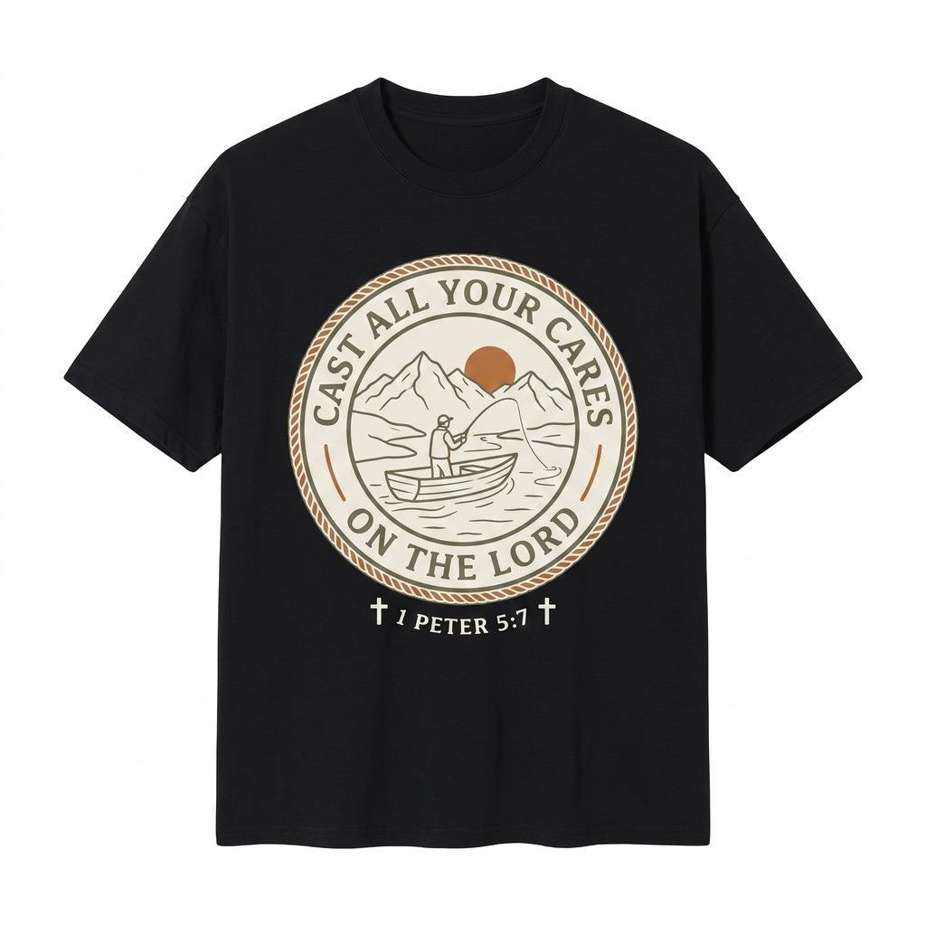 Christian 1 Peter 57 Cast All Your Cares Lord Nature River Fishing Boat Faith Bible Verse Religious Unisex TShirt