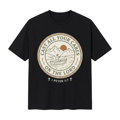 Christian 1 Peter 57 Cast All Your Cares Lord Nature River Fishing Boat Faith Bible Verse Religious Unisex TShirt