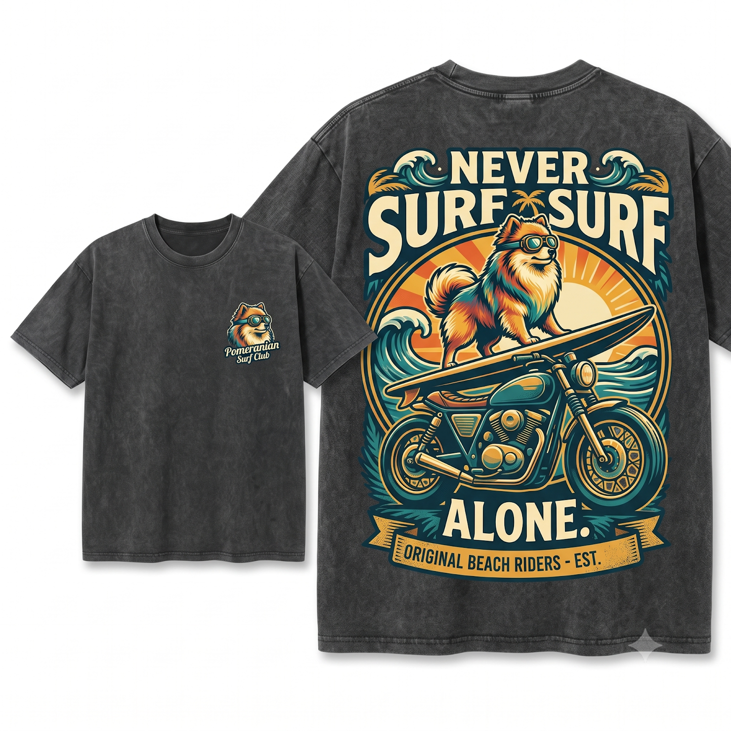 Surf Pomeranian Graphic Tee - Retro Bike Surfer Dog Vintage Mom Dad Gift Unisex Heavyweight Garment-Dyed T-Shirt