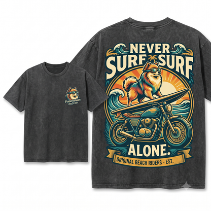 Surf Pomeranian Graphic Tee - Retro Bike Surfer Dog Vintage Mom Dad Gift Unisex Heavyweight Garment-Dyed T-Shirt