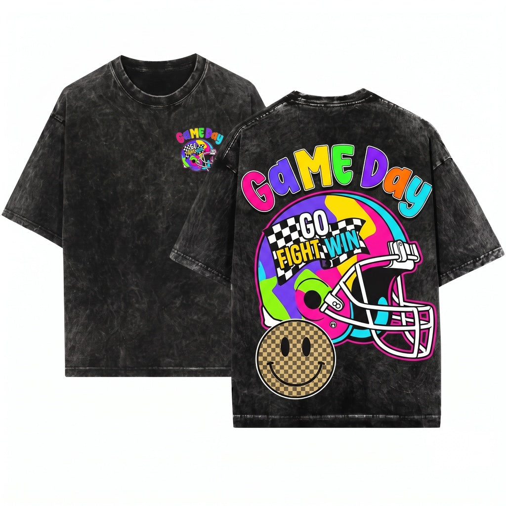 Retro Smiley Face Football Mascot Game Day Touchdown Coquette Custom Colors Unisex Wash T-Shirt