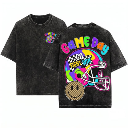 Retro Smiley Face Football Mascot Game Day Touchdown Coquette Custom Colors Unisex Wash T-Shirt