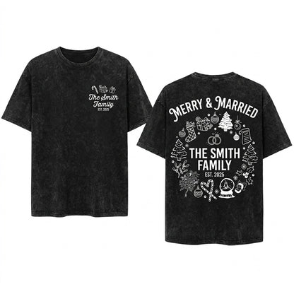 Merry Married Newlywed Custom Name Couples Holiday Wedding Christmas Xmas Line Art Sublimation PNG Unisex Wash T-Shirt
