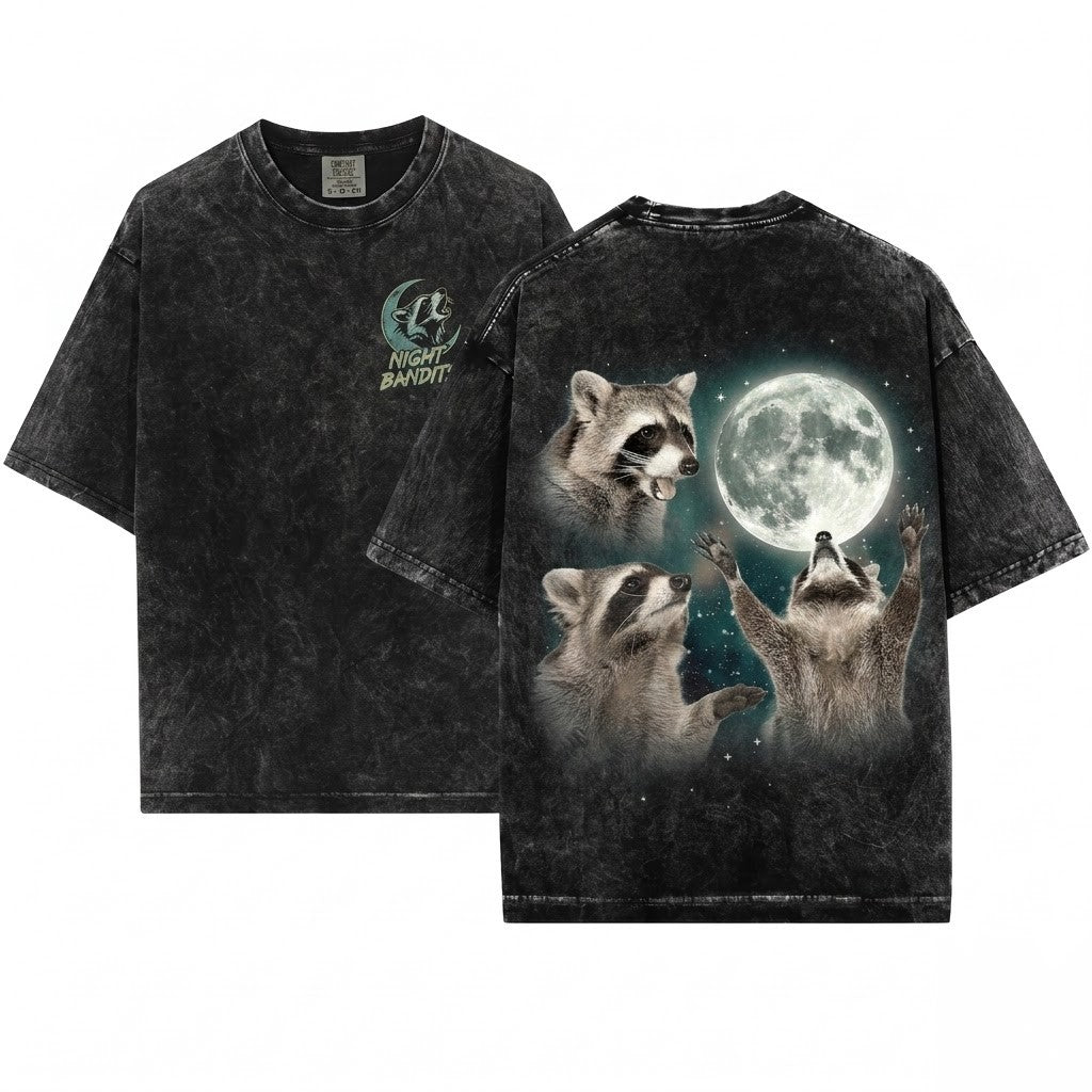 Three Raccoons Moon Vintage Graphic Oversized Retro Animal Lovers Gift Unisex Wash T-Shirt