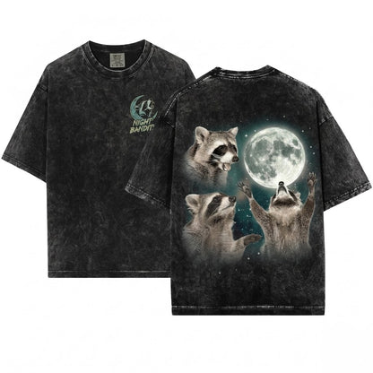 Three Raccoons Moon Vintage Graphic Oversized Retro Animal Lovers Gift Unisex Wash T-Shirt