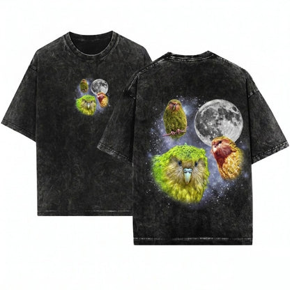 Vintage Moon Kakapo Retro Graphic Oversized Silly Gift Parrot Lovers Unisex Wash T-Shirt