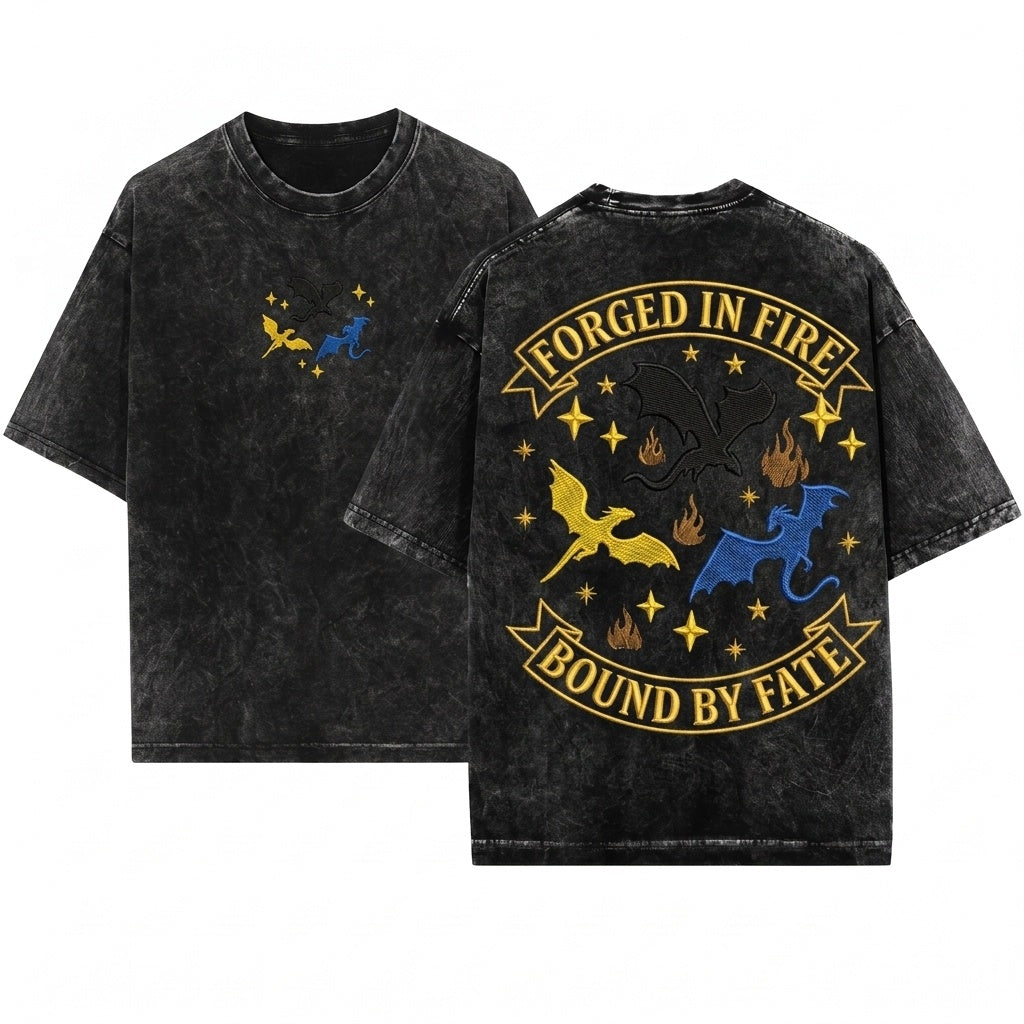 Mythical Flying Dragons Embroidered Vintage Graphic Unisex Wash T-Shirt