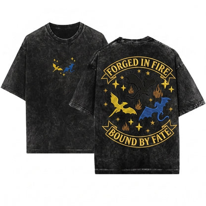 Mythical Flying Dragons Embroidered Vintage Graphic Unisex Wash T-Shirt