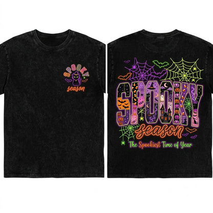 Faux Patchwork Spooky Season Halloween Varsity Applique Vintage Purple Pumpkin Ghost Witch Unisex Wash T-Shirt
