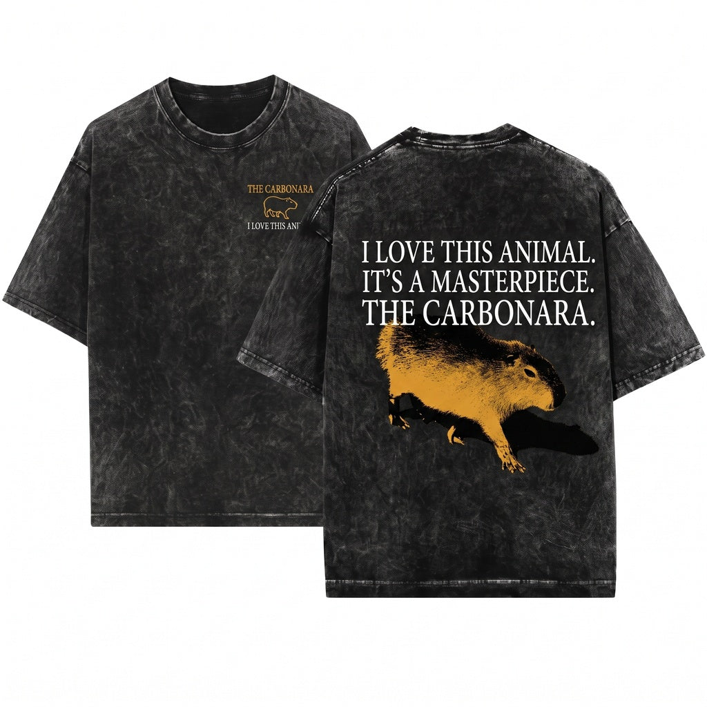 Funny Carbonara Capybara Cute Animal Foodie Graphic Cotton Short Sleeve Unisex Wash T-Shirt