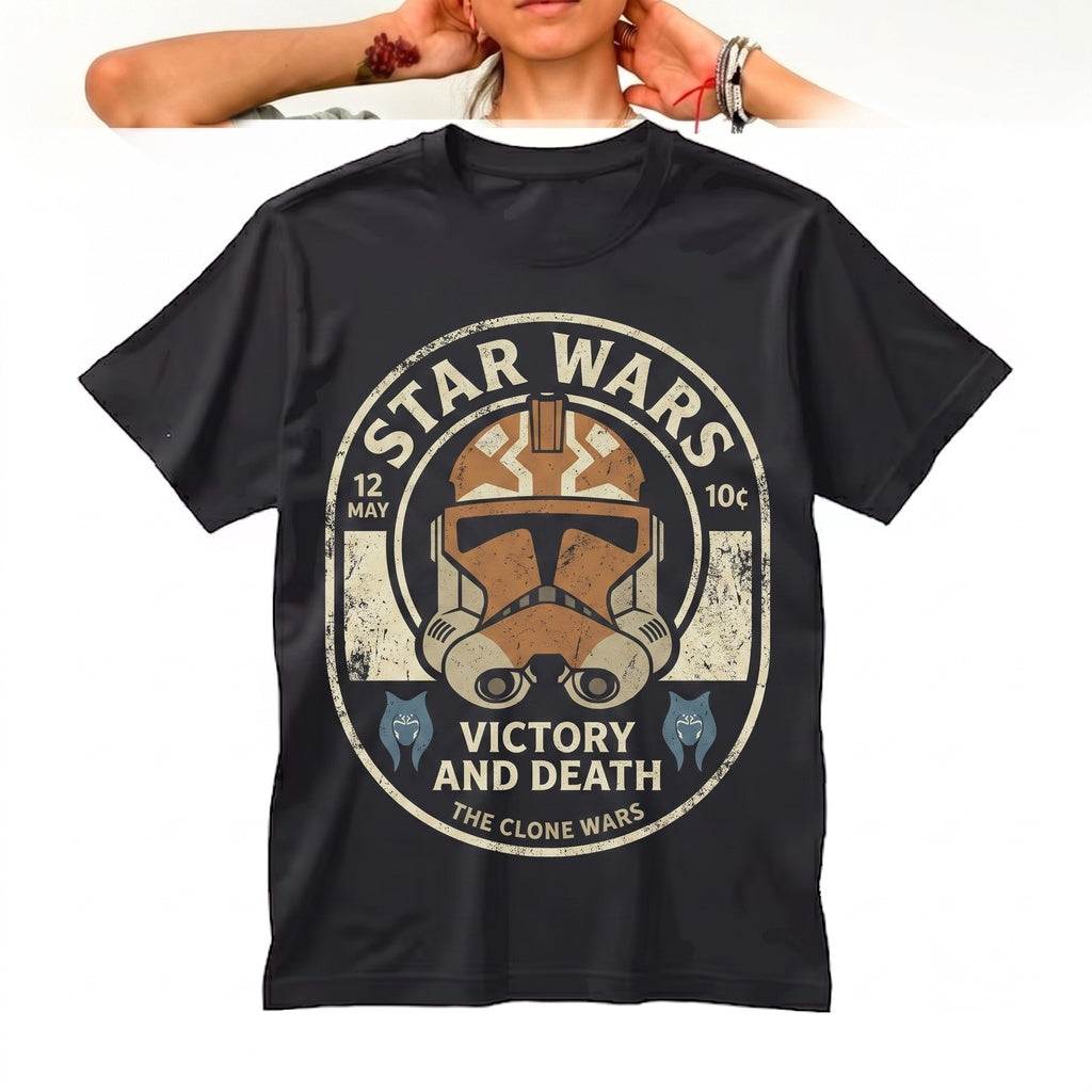 Vintage Victory and Death Galactic Clone Trooper Helmet Ahsoka Fan Theme Park Vacation Graphic Unisex TShirt