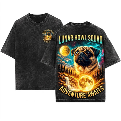 Vintage Pug Howling Moon Graphic Gift Retro Animal Silly Dog Unisex Wash T-Shirt