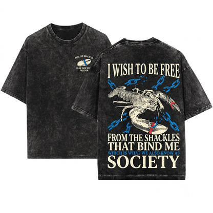 I wish to be free Lobster Japanese Vintage Graphic Aesthetic Asian Anime Style Foodie Graphic Unisex Wash T-Shirt