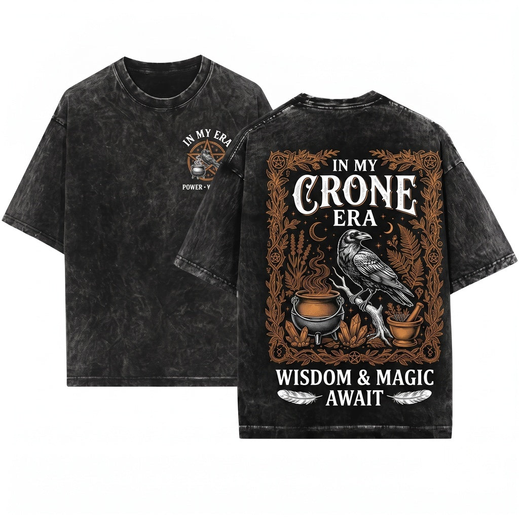 In My Crone Era Witchy Raven Cauldron Goth Graphic Halloween Pagan Unisex Wash T-Shirt
