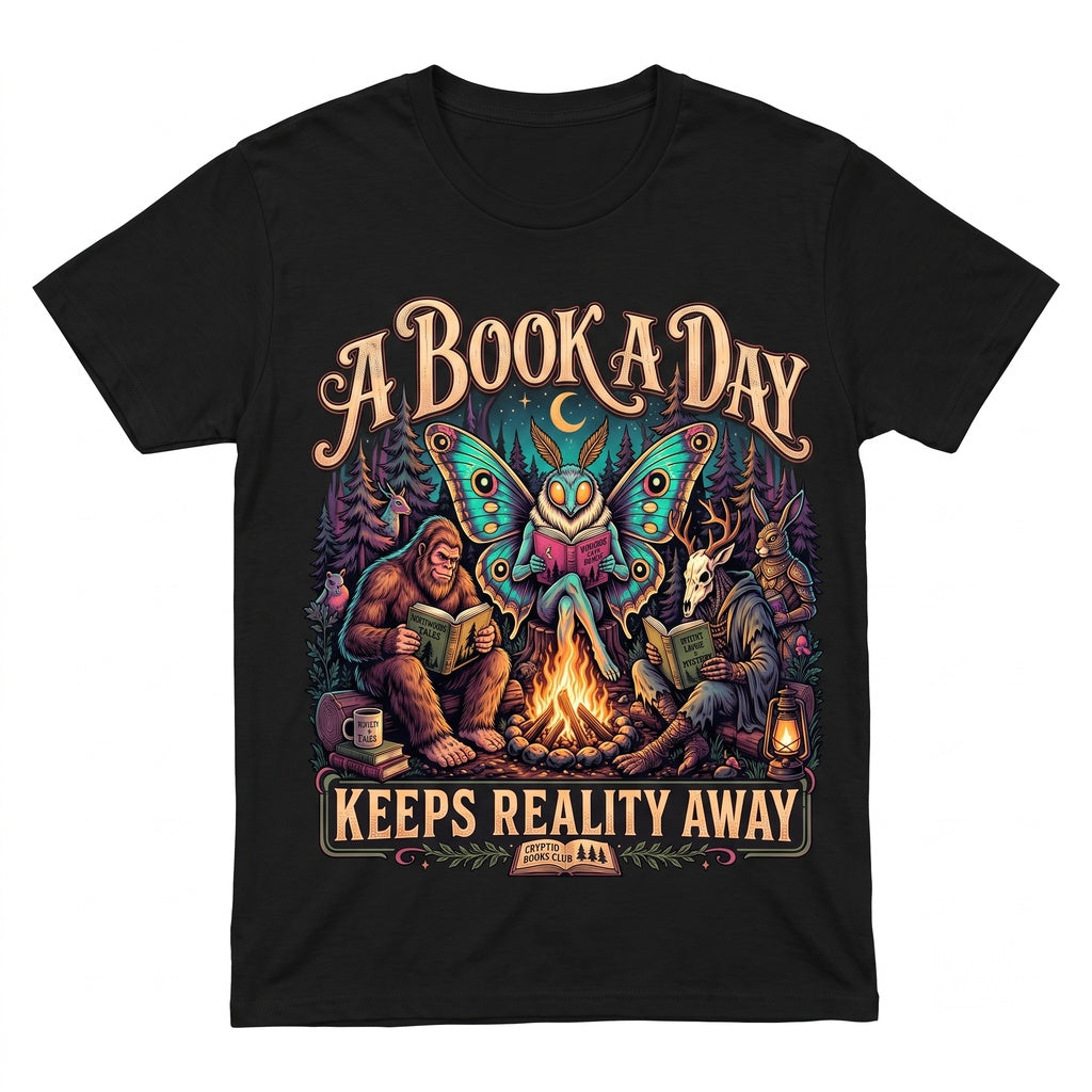 A Book Day Keeps Reality Away Cryptid Club Bigfoot Mothman Reading Gift Unisex TShirt