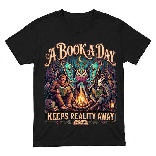 A Book Day Keeps Reality Away Cryptid Club Bigfoot Mothman Reading Gift Unisex TShirt
