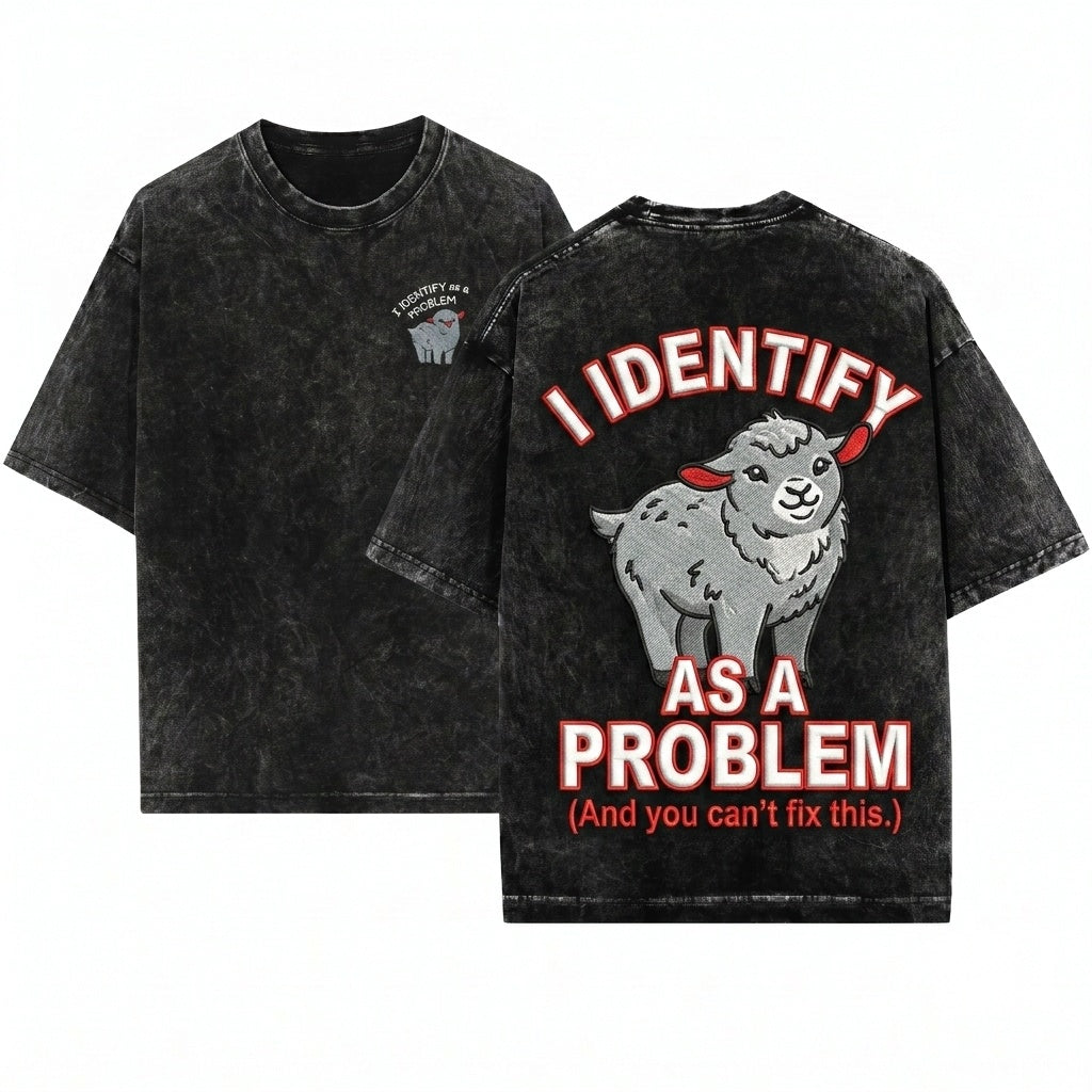 I Identify as a Problem Funny Goat Embroidered Chaotic Animal Whimsical Farmcore Gift Unisex Wash T-Shirt