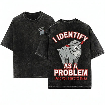 I Identify as a Problem Funny Goat Embroidered Chaotic Animal Whimsical Farmcore Gift Unisex Wash T-Shirt