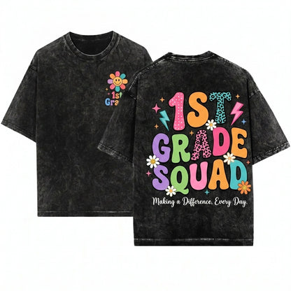 Custom Teacher Name Colorful Groovy Doodle First Grade Personalized Back To School Gift Unisex Wash T-Shirt