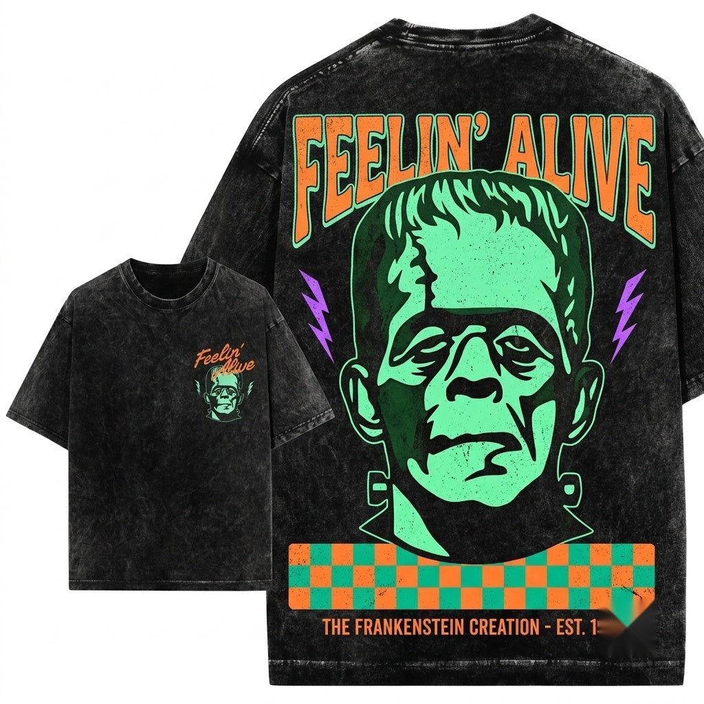 Feelin Alive Frankenstein Retro Monster Graphic Halloween Spooky Unisex Wash T-Shirt