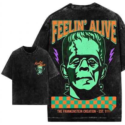 Feelin Alive Frankenstein Retro Monster Graphic Halloween Spooky Unisex Wash T-Shirt