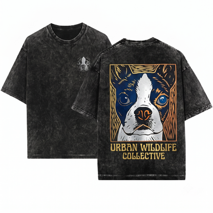 Retro Boston Terrier Ink Engraving Shirt Funny Vintage Dog Face Mom Dad Gift Unisex Heavyweight Garment-Dyed T-Shirt