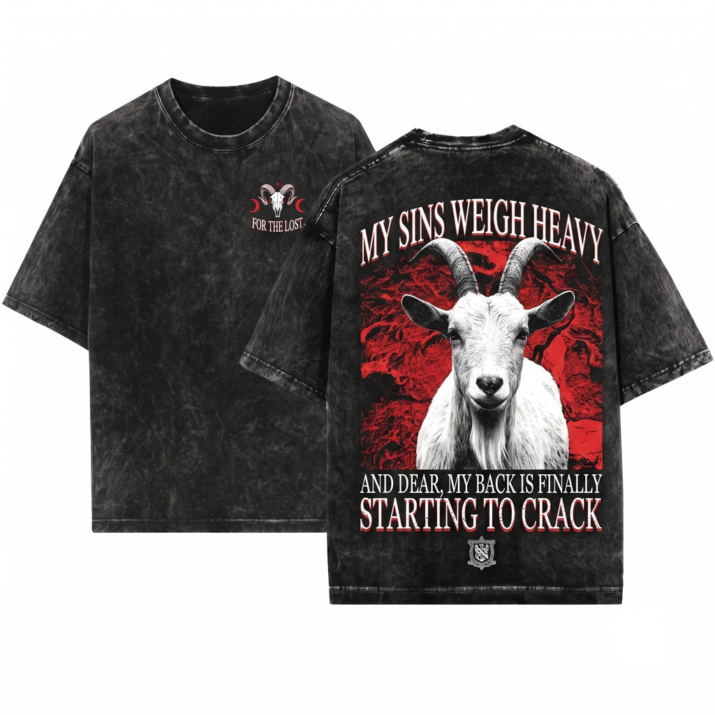 My Sins Weigh Heavy Vintage Japanese Goat Graphic Clothing Retro Apparel Casual Top Unisex Wash T-Shirt
