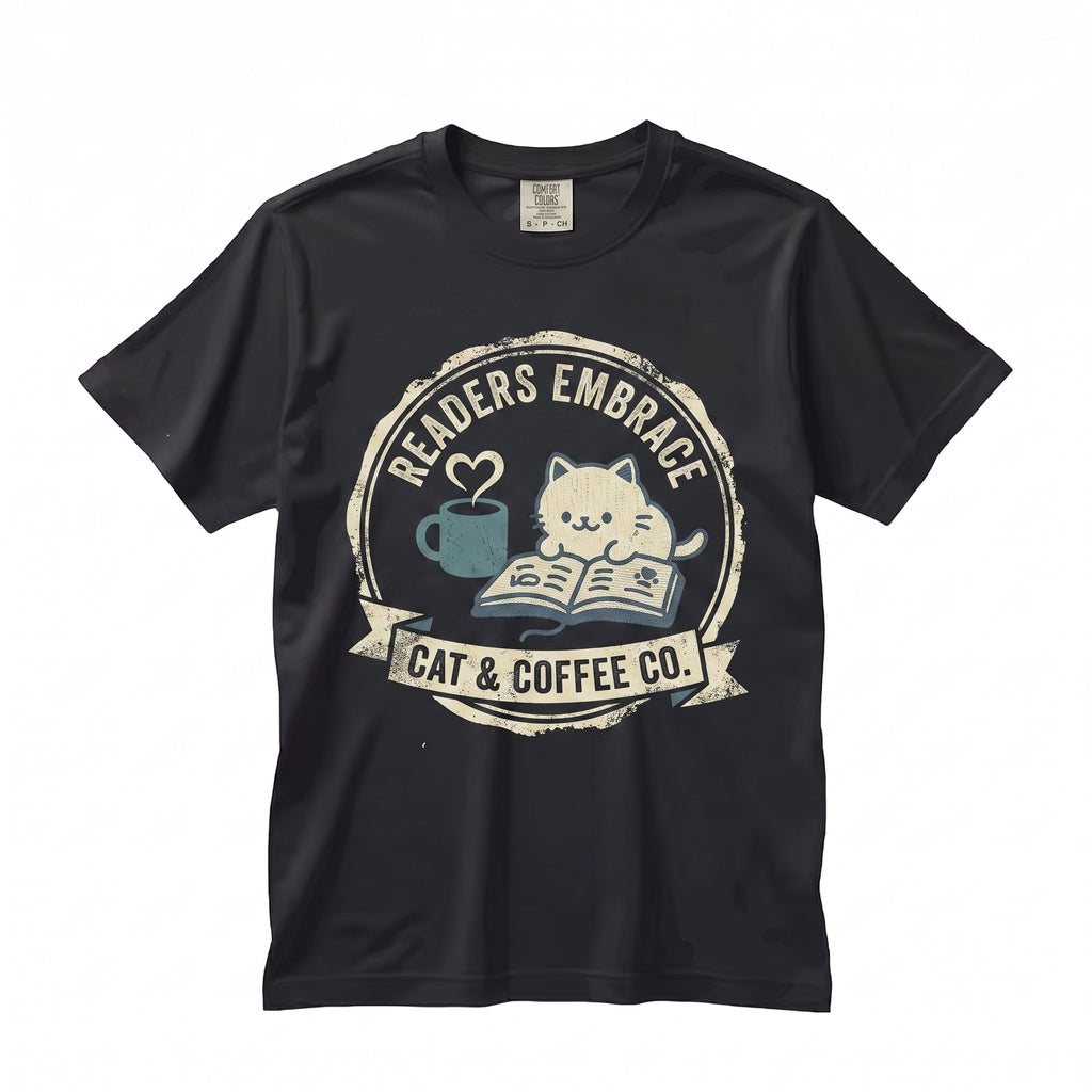 Reading Kitten Embroidered Book Lover Garment-Dyed Cotton Unisex TShirt