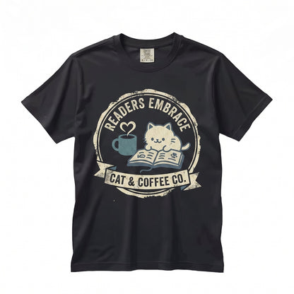 Reading Kitten Embroidered Book Lover Garment-Dyed Cotton Unisex TShirt