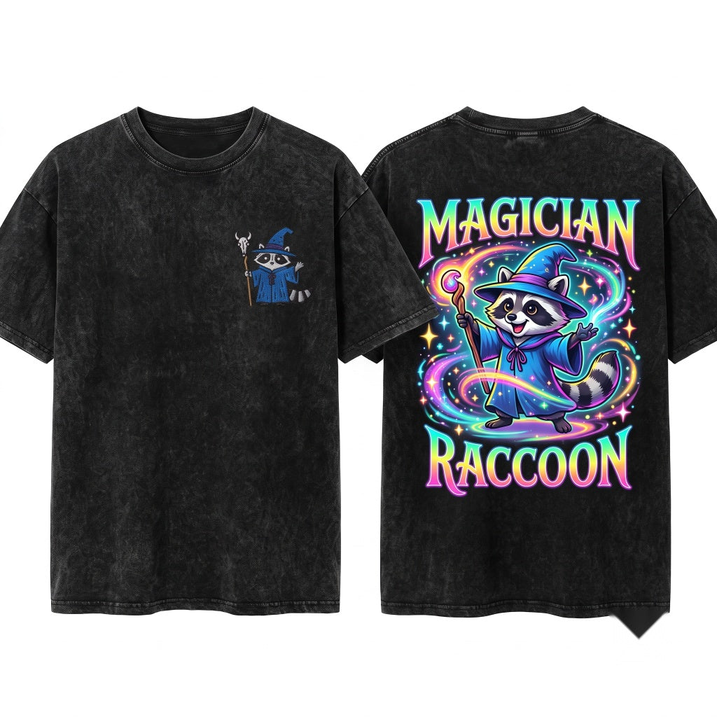Wizard Raccoon Embroidered DnD Nerd Ren Faire Apparel Vintage Graphic Unisex Wash T-Shirt