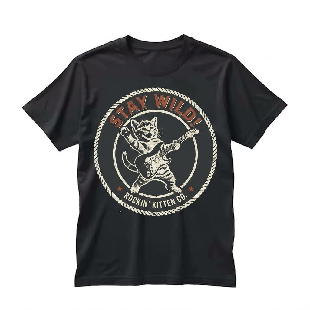 Funny Retro Rock N Roll Cat Guitar Player Wild Feline Musician Lovers Graphic Gift Unisex TShirt