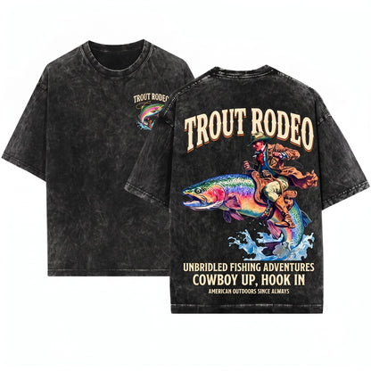Cowboy Riding Rainbow Trout Fishing Club Rodeo Graphic Unisex Wash T-Shirt