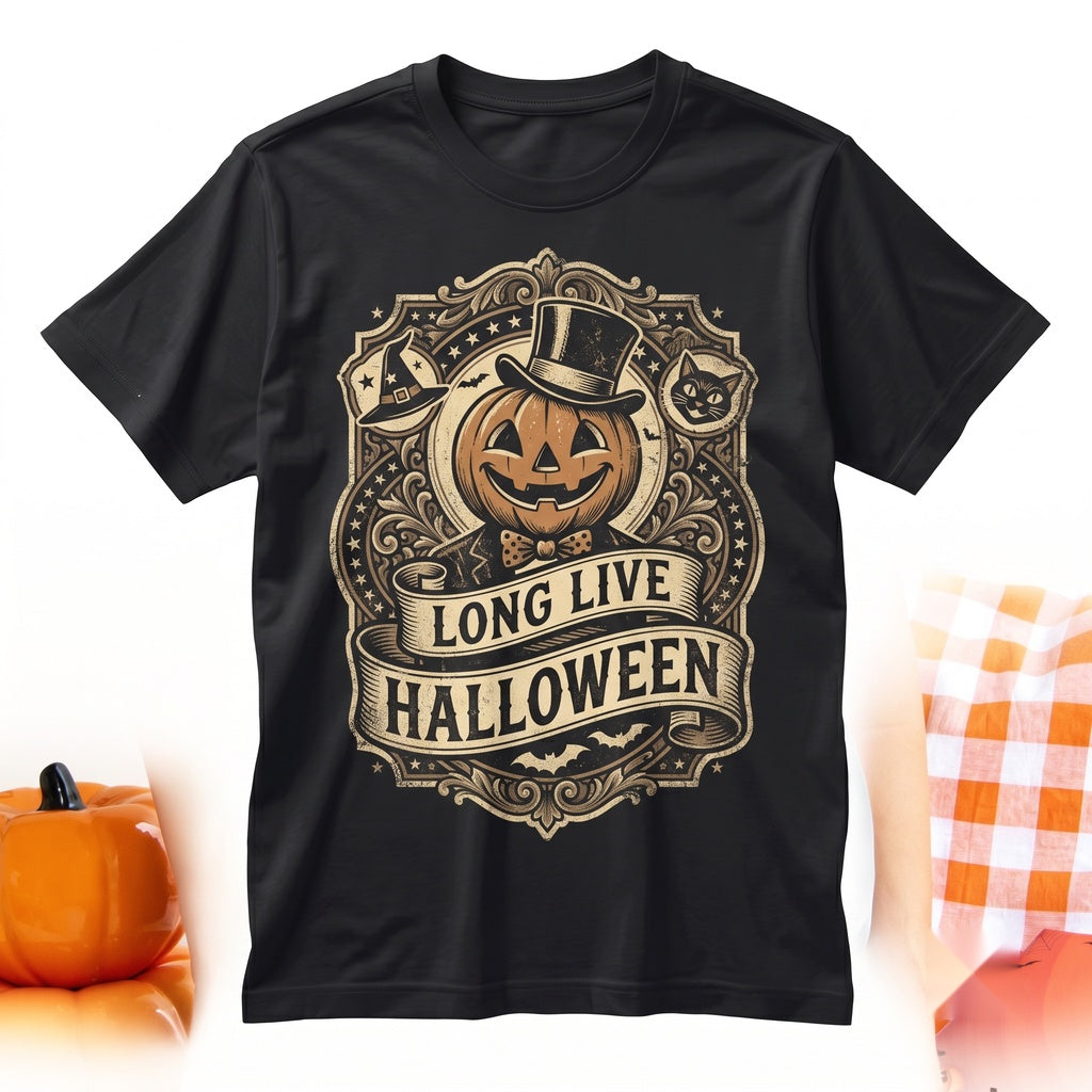 Long Live Halloween Vintage Black Cat Retro Fall Apparel Garment Dyed Unisex TShirt