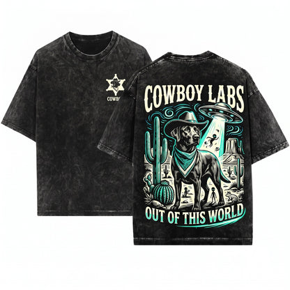 UFO Cowboy Western Black Labrador Ranch Dog Owner Mom Dad Gift Unisex Wash T-Shirt