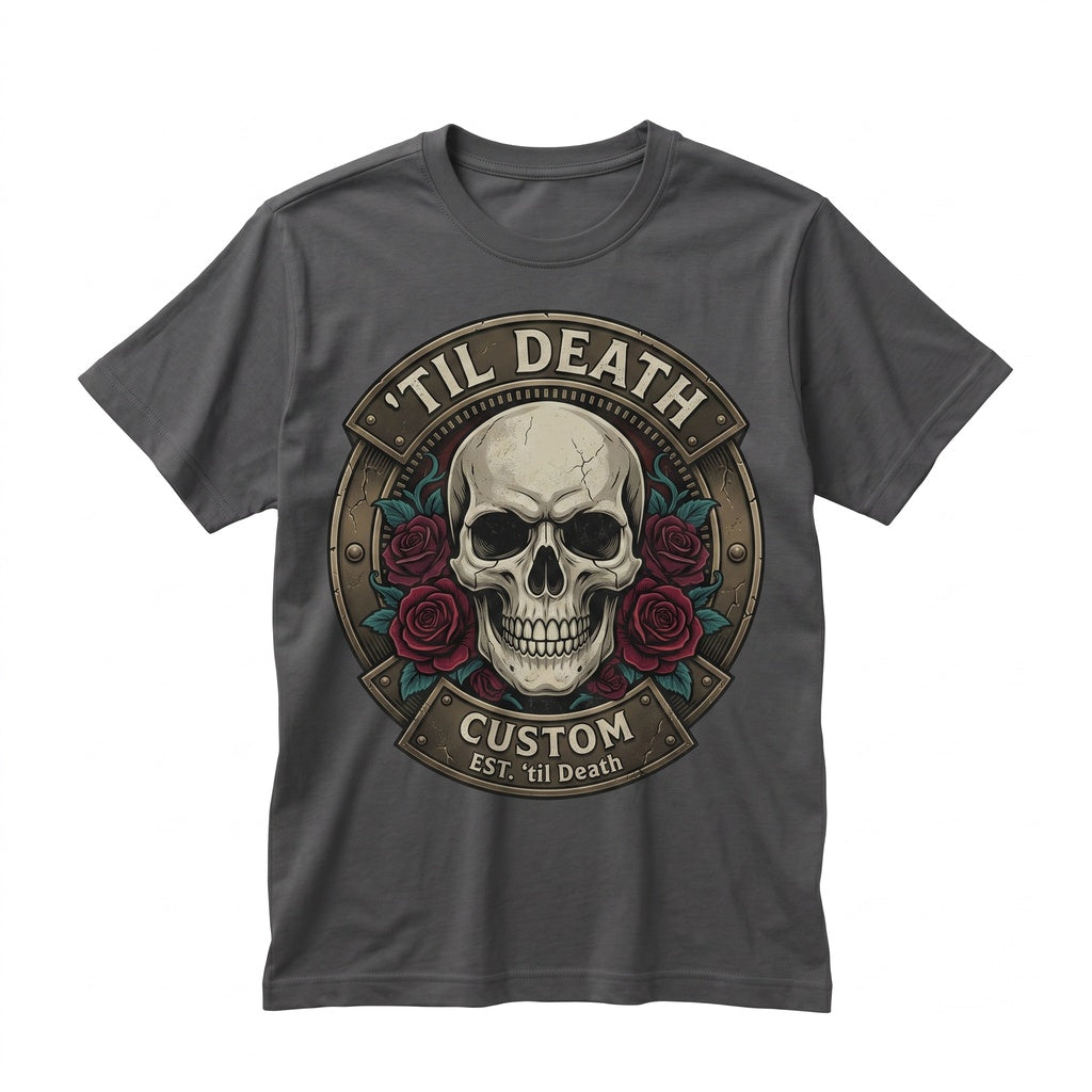 Personalized Til Death Date Gothic Skull Roses Floral Skeleton Lover Wedding Gift Unisex TShirt
